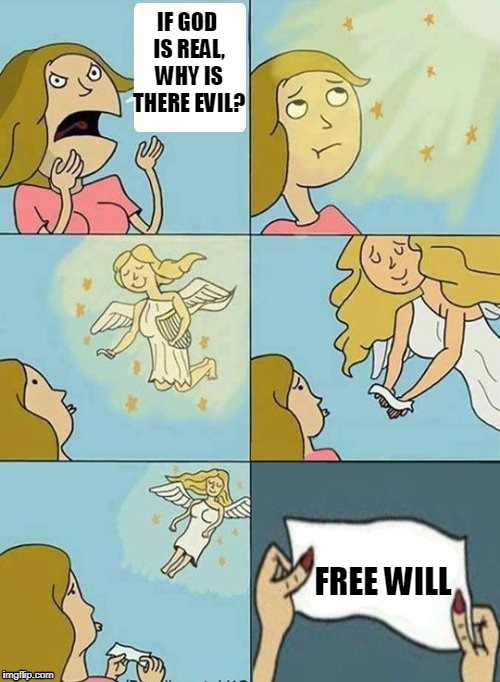 Why does God allow evil? |  IF GOD IS REAL, WHY IS THERE EVIL? FREE WILL | image tagged in we don't care,free will,god,evil | made w/ Imgflip meme maker