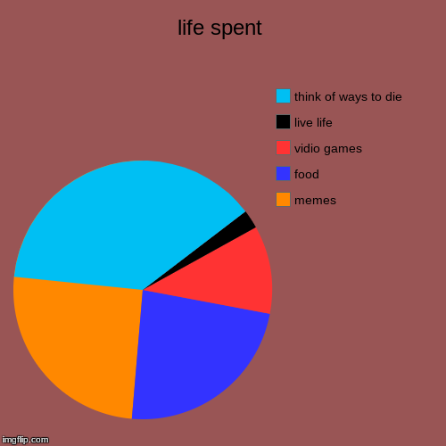 life spent | memes, food, vidio games, live life , think of ways to die | image tagged in funny,pie charts | made w/ Imgflip chart maker
