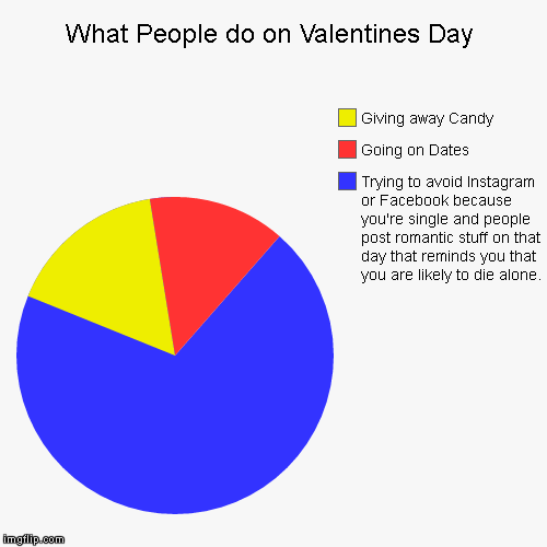 I know what I'll be doing | What People do on Valentines Day | Trying to avoid Instagram or Facebook because you're single and people post romantic stuff on that day th | image tagged in funny,pie charts,forever alone,valentine's day | made w/ Imgflip chart maker