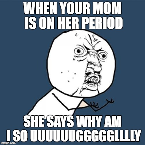 Y U No Meme | WHEN YOUR MOM IS ON HER PERIOD; SHE SAYS WHY AM I SO UUUUUUGGGGGLLLLY | image tagged in memes,y u no | made w/ Imgflip meme maker
