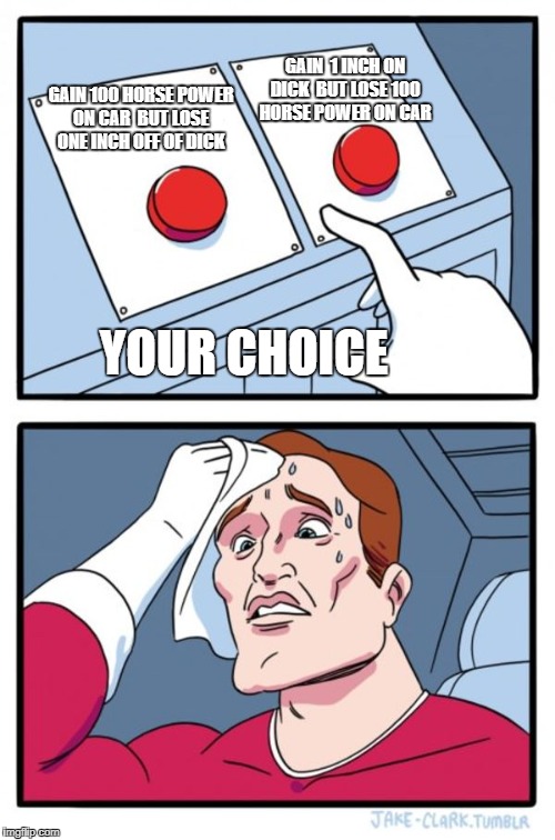 Car Guys Ultimate Dilemma  | GAIN  1 INCH ON DICK  BUT LOSE 100 HORSE POWER ON CAR; GAIN 100 HORSE POWER ON CAR  BUT LOSE ONE INCH OFF OF DICK; YOUR CHOICE | image tagged in memes,two buttons | made w/ Imgflip meme maker