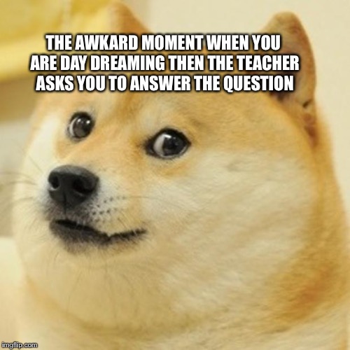 Doge Meme | THE AWKARD MOMENT WHEN YOU ARE DAY DREAMING THEN THE TEACHER ASKS YOU TO ANSWER THE QUESTION | image tagged in memes,doge | made w/ Imgflip meme maker
