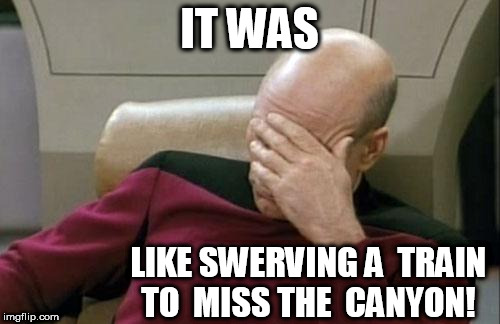 Captain Picard Facepalm Meme | IT WAS LIKE SWERVING A  TRAIN TO  MISS THE  CANYON! | image tagged in memes,captain picard facepalm | made w/ Imgflip meme maker