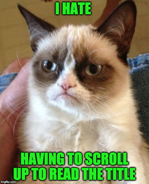 Grumpy Cat Meme | I HATE HAVING TO SCROLL UP TO READ THE TITLE | image tagged in memes,grumpy cat | made w/ Imgflip meme maker