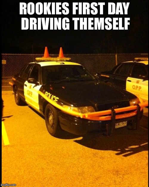 Rookie cop first day | ROOKIES FIRST DAY DRIVING THEMSELF | image tagged in cop,police,opp,canada police,police canada,rookie | made w/ Imgflip meme maker