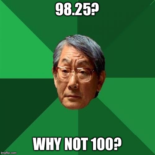High Expectations Asian Father | 98.25? WHY NOT 100? | image tagged in memes,high expectations asian father,AdviceAnimals | made w/ Imgflip meme maker
