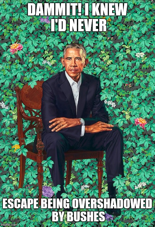 Obama portrait | DAMMIT! I KNEW I'D NEVER; ESCAPE BEING OVERSHADOWED BY BUSHES | image tagged in obama portrait | made w/ Imgflip meme maker