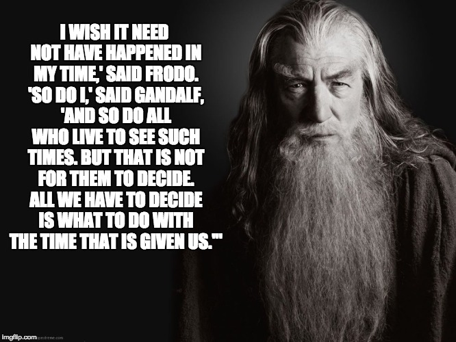 I WISH IT NEED NOT HAVE HAPPENED IN MY TIME,' SAID FRODO. 'SO DO I,' SAID GANDALF, 'AND SO DO ALL WHO LIVE TO SEE SUCH TIMES. BUT THAT IS NOT FOR THEM TO DECIDE. ALL WE HAVE TO DECIDE IS WHAT TO DO WITH THE TIME THAT IS GIVEN US.'" | made w/ Imgflip meme maker