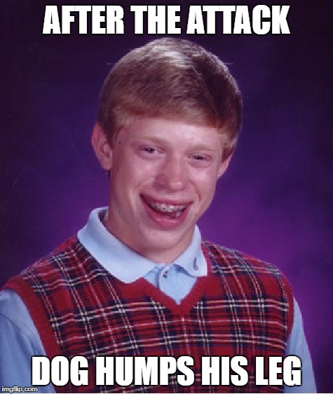 Bad Luck Brian Meme | AFTER THE ATTACK DOG HUMPS HIS LEG | image tagged in memes,bad luck brian | made w/ Imgflip meme maker