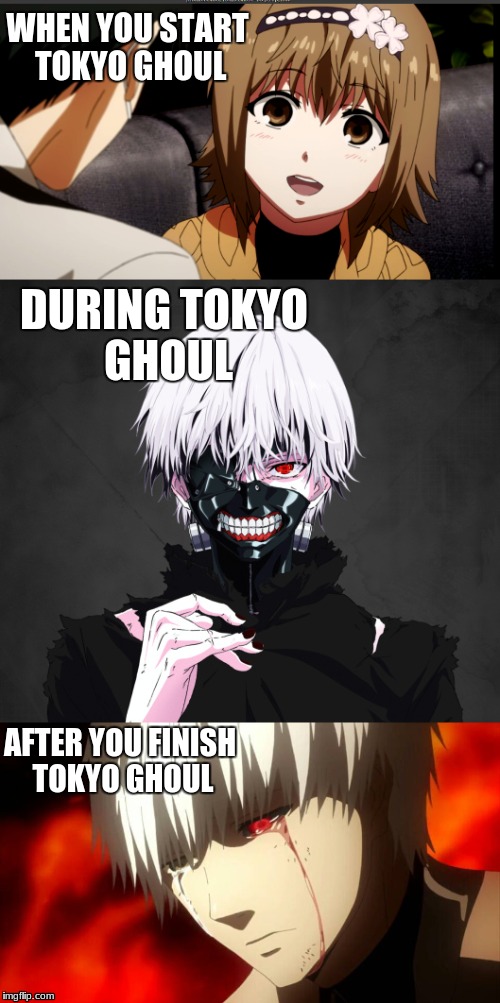 RIP TOKYO GHOUL | WHEN YOU START TOKYO GHOUL; DURING TOKYO GHOUL; AFTER YOU FINISH TOKYO GHOUL | image tagged in anime,tokyo ghoul,binge watching,relatable,meme addict | made w/ Imgflip meme maker