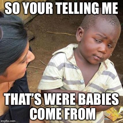 Third World Skeptical Kid Meme | SO YOUR TELLING ME; THAT’S WERE BABIES COME FROM | image tagged in memes,third world skeptical kid | made w/ Imgflip meme maker