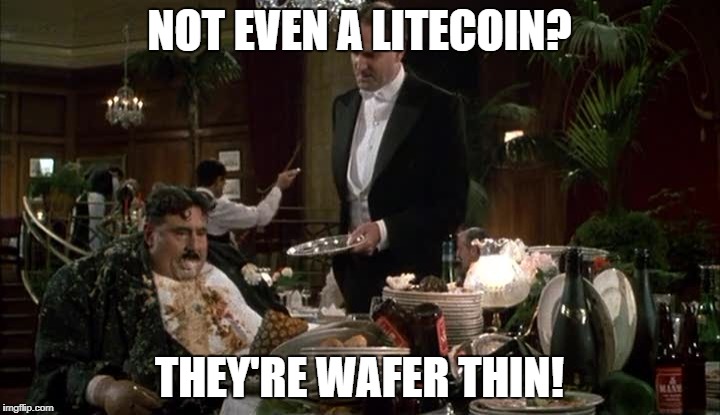NOT EVEN A LITECOIN? THEY'RE WAFER THIN! | image tagged in mp1 | made w/ Imgflip meme maker