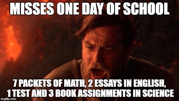 You Were The Chosen One (Star Wars) | MISSES ONE DAY OF SCHOOL; 7 PACKETS OF MATH, 2 ESSAYS IN ENGLISH, 1 TEST AND 3 BOOK ASSIGNMENTS IN SCIENCE | image tagged in memes,you were the chosen one star wars | made w/ Imgflip meme maker