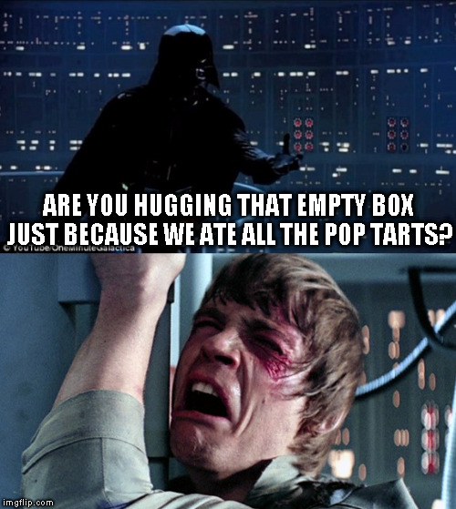 darth vader luke skywalker | ARE YOU HUGGING THAT EMPTY BOX JUST BECAUSE WE ATE ALL THE POP TARTS? | image tagged in darth vader luke skywalker | made w/ Imgflip meme maker