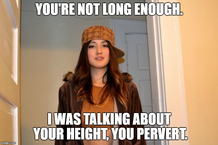 Scumbag Stephanie  | YOU'RE NOT LONG ENOUGH. I WAS TALKING ABOUT YOUR HEIGHT, YOU PERVERT. | image tagged in scumbag stephanie | made w/ Imgflip meme maker