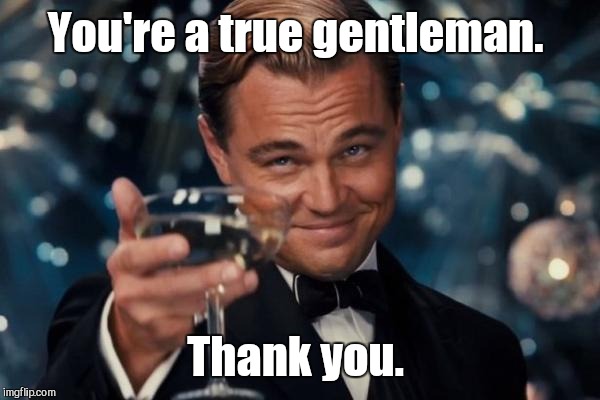 Leonardo Dicaprio Cheers Meme | You're a true gentleman. Thank you. | image tagged in memes,leonardo dicaprio cheers | made w/ Imgflip meme maker
