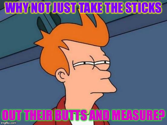Futurama Fry Meme | WHY NOT JUST TAKE THE STICKS OUT THEIR BUTTS AND MEASURE? | image tagged in memes,futurama fry | made w/ Imgflip meme maker