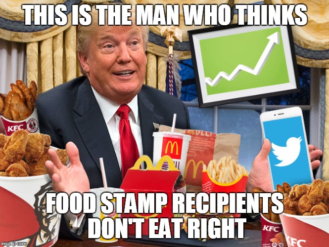 Trump On Food Stamp Recipients  | THIS IS THE MAN WHO THINKS; FOOD STAMP RECIPIENTS DON'T EAT RIGHT | image tagged in trump,food stamps,trump budgets,food packages | made w/ Imgflip meme maker