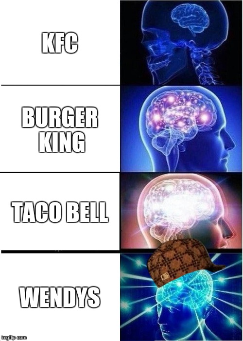 Expanding Brain | KFC; BURGER KING; TACO BELL; WENDYS | image tagged in memes,expanding brain,scumbag | made w/ Imgflip meme maker