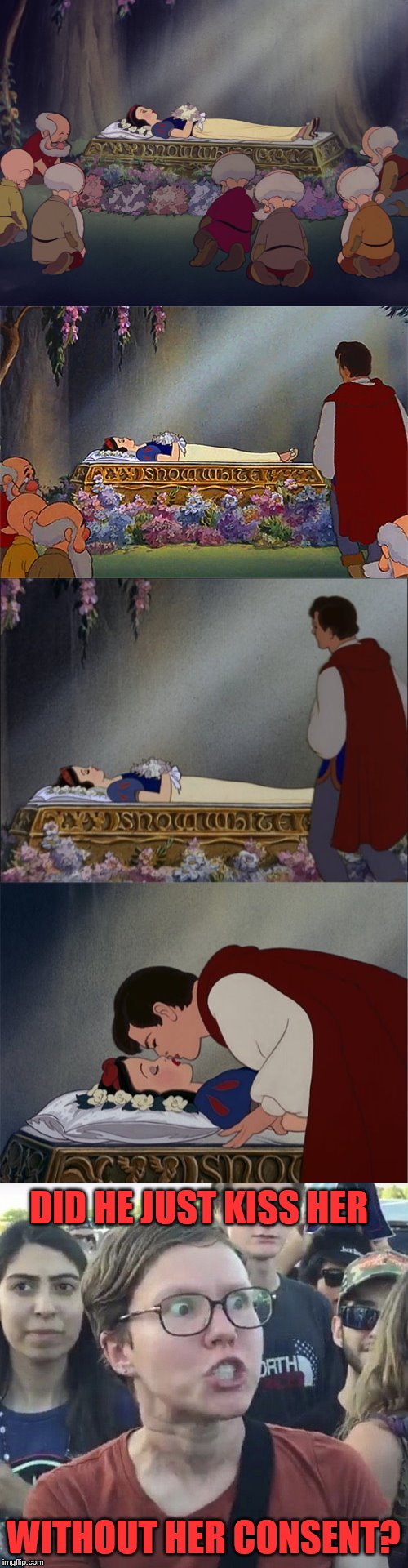 Triggered Fairy Tales (Fairy Tale Week, a socrates & Red Riding Hood event, Feb 12-19) |  DID HE JUST KISS HER; WITHOUT HER CONSENT? | image tagged in memes,snow white,triggered,triggered feminist,fairy tale week,fairy tales | made w/ Imgflip meme maker