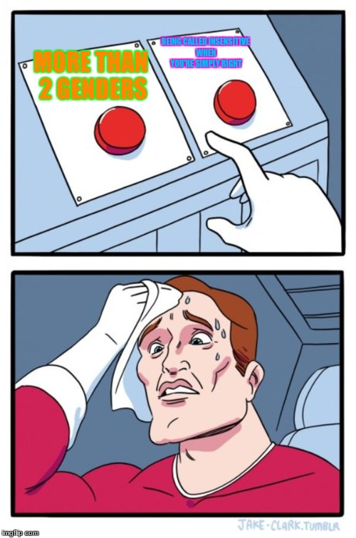 Two Buttons Meme | BEING CALLED INSENSITIVE WHEN YOU'RE SIMPLY RIGHT; MORE THAN 2 GENDERS | image tagged in memes,two buttons | made w/ Imgflip meme maker
