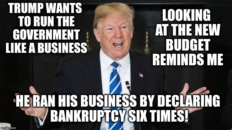 Probably not the best plan for the country | LOOKING AT THE NEW BUDGET REMINDS ME; TRUMP WANTS TO RUN THE GOVERNMENT LIKE A BUSINESS; HE RAN HIS BUSINESS BY DECLARING BANKRUPTCY SIX TIMES! | image tagged in trump,bankruptcy,budget,tax cuts,republicans,humor | made w/ Imgflip meme maker