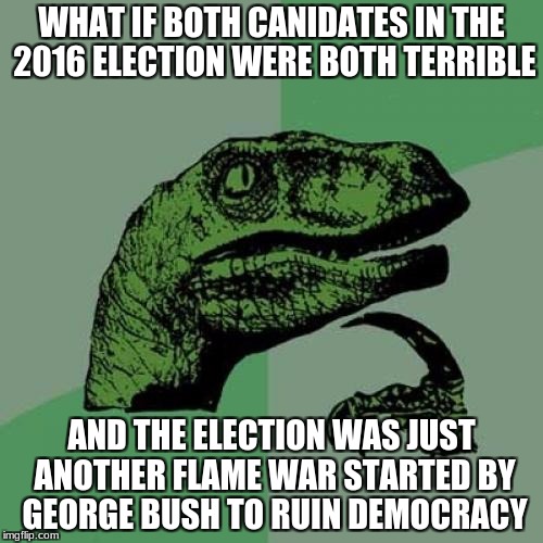 Philosoraptor Meme | WHAT IF BOTH CANIDATES IN THE 2016 ELECTION WERE BOTH TERRIBLE; AND THE ELECTION WAS JUST ANOTHER FLAME WAR STARTED BY GEORGE BUSH TO RUIN DEMOCRACY | image tagged in memes,philosoraptor | made w/ Imgflip meme maker