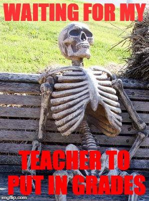 Waiting Skeleton | WAITING FOR MY; TEACHER TO PUT IN GRADES | image tagged in memes,waiting skeleton | made w/ Imgflip meme maker