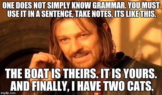 One Does Not Simply | ONE DOES NOT SIMPLY KNOW GRAMMAR. YOU MUST USE IT IN A SENTENCE, TAKE NOTES, ITS LIKE THIS. THE BOAT IS THEIRS. IT IS YOURS. AND FINALLY, I HAVE TWO CATS. | image tagged in memes,one does not simply | made w/ Imgflip meme maker