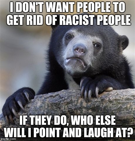 Confession Bear Meme | I DON'T WANT PEOPLE TO GET RID OF RACIST PEOPLE; IF THEY DO, WHO ELSE WILL I POINT AND LAUGH AT? | image tagged in memes,confession bear | made w/ Imgflip meme maker