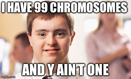 Down Syndrome Guy | I HAVE 99 CHROMOSOMES; AND Y AIN’T ONE | image tagged in down syndrome guy | made w/ Imgflip meme maker
