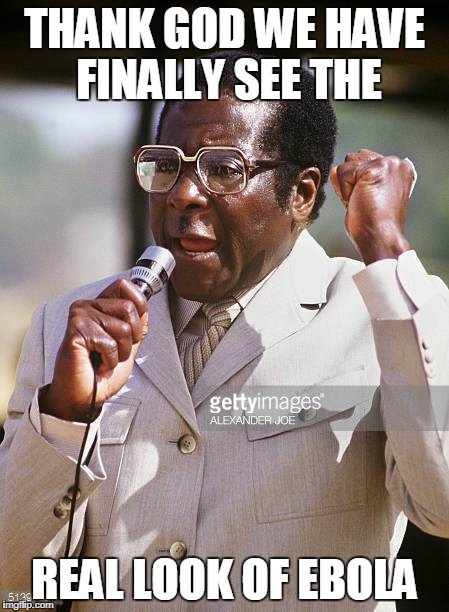 Robert Mugabe | THANK GOD WE HAVE FINALLY SEE THE; REAL LOOK OF EBOLA | image tagged in robert mugabe | made w/ Imgflip meme maker