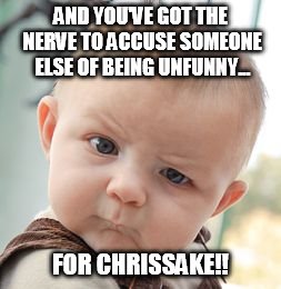 AND YOU'VE GOT THE NERVE TO ACCUSE SOMEONE ELSE OF BEING UNFUNNY... FOR CHRISSAKE!! | image tagged in memes,skeptical baby | made w/ Imgflip meme maker