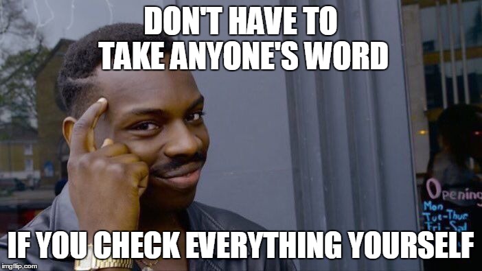 Roll Safe Think About It Meme | DON'T HAVE TO TAKE ANYONE'S WORD IF YOU CHECK EVERYTHING YOURSELF | image tagged in memes,roll safe think about it | made w/ Imgflip meme maker