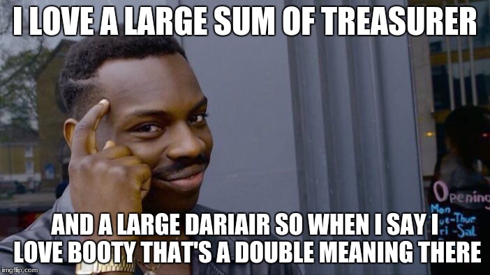 Roll Safe Think About It Meme | I LOVE A LARGE SUM OF TREASURER; AND A LARGE DARIAIR SO WHEN I SAY I LOVE BOOTY THAT'S A DOUBLE MEANING THERE | image tagged in memes,roll safe think about it | made w/ Imgflip meme maker
