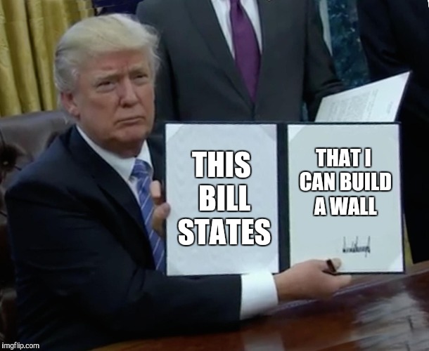 Trump Bill Signing | THIS BILL STATES; THAT I CAN BUILD A WALL | image tagged in memes,trump bill signing | made w/ Imgflip meme maker