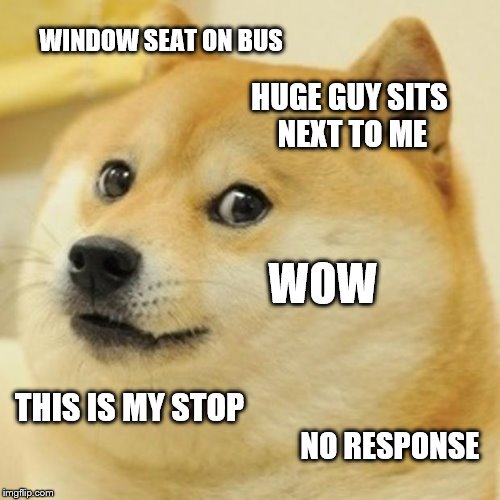 Doge Meme | WINDOW SEAT ON BUS; HUGE GUY SITS NEXT TO ME; WOW; THIS IS MY STOP; NO RESPONSE | image tagged in memes,doge | made w/ Imgflip meme maker