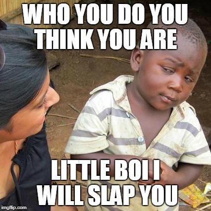 Third World Skeptical Kid | WHO YOU DO YOU THINK YOU ARE; LITTLE BOI I WILL SLAP YOU | image tagged in memes,third world skeptical kid | made w/ Imgflip meme maker