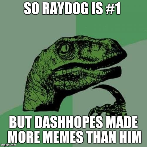 Philosoraptor Meme | SO RAYDOG IS #1 BUT DASHHOPES MADE MORE MEMES THAN HIM | image tagged in memes,philosoraptor | made w/ Imgflip meme maker