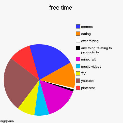 free time | pinterest, youtube, TV, music videos, minecraft, any thing relating to productivity, excersizing, eating, memes | image tagged in funny,pie charts | made w/ Imgflip chart maker