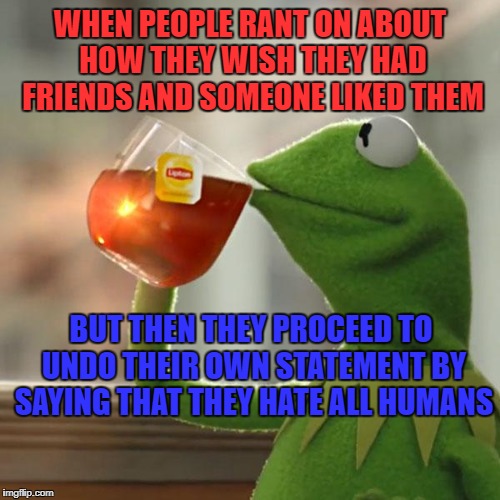 But That's None Of My Business Meme | WHEN PEOPLE RANT ON ABOUT HOW THEY WISH THEY HAD FRIENDS AND SOMEONE LIKED THEM; BUT THEN THEY PROCEED TO UNDO THEIR OWN STATEMENT BY SAYING THAT THEY HATE ALL HUMANS | image tagged in memes,but thats none of my business,kermit the frog | made w/ Imgflip meme maker