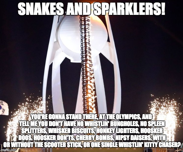 SNAKES AND SPARKLERS! YOU'RE GONNA STAND THERE, AT THE OLYMPICS, AND TELL ME YOU DON'T HAVE NO WHISTLIN' BUNGHOLES, NO SPLEEN SPLITTERS, WHISKER BISCUITS, HONKEY LIGHTERS, HOOSKER DOOS, HOOSKER DON'TS, CHERRY BOMBS, NIPSY DAISERS, WITH OR WITHOUT THE SCOOTER STICK, OR ONE SINGLE WHISTLIN' KITTY CHASER? | image tagged in olympics,snakes and sparklers,joe dirt quote | made w/ Imgflip meme maker