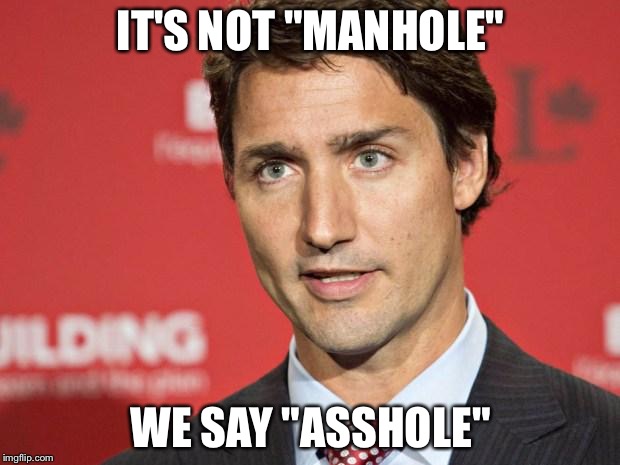 Trudeau | IT'S NOT "MANHOLE"; WE SAY "ASSHOLE" | image tagged in trudeau | made w/ Imgflip meme maker