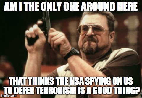 Am I The Only One Around Here Meme | AM I THE ONLY ONE AROUND HERE THAT THINKS THE NSA SPYING ON US TO DEFER TERRORISM IS A GOOD THING? | image tagged in memes,am i the only one around here | made w/ Imgflip meme maker