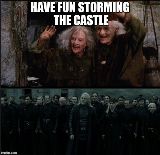 Miracle Max and Valerie, meet the Death Eaters. | HAVE FUN STORMING THE CASTLE | image tagged in harry potter,princess bride | made w/ Imgflip meme maker