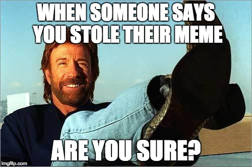Chuck Norris Says | WHEN SOMEONE SAYS YOU STOLE THEIR MEME; ARE YOU SURE? | image tagged in chuck norris says | made w/ Imgflip meme maker