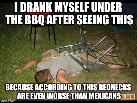 I DRANK MYSELF UNDER THE BBQ AFTER SEEING THIS BECAUSE ACCORDING TO THIS REDNECKS ARE EVEN WORSE THAN MEXICANS | made w/ Imgflip meme maker