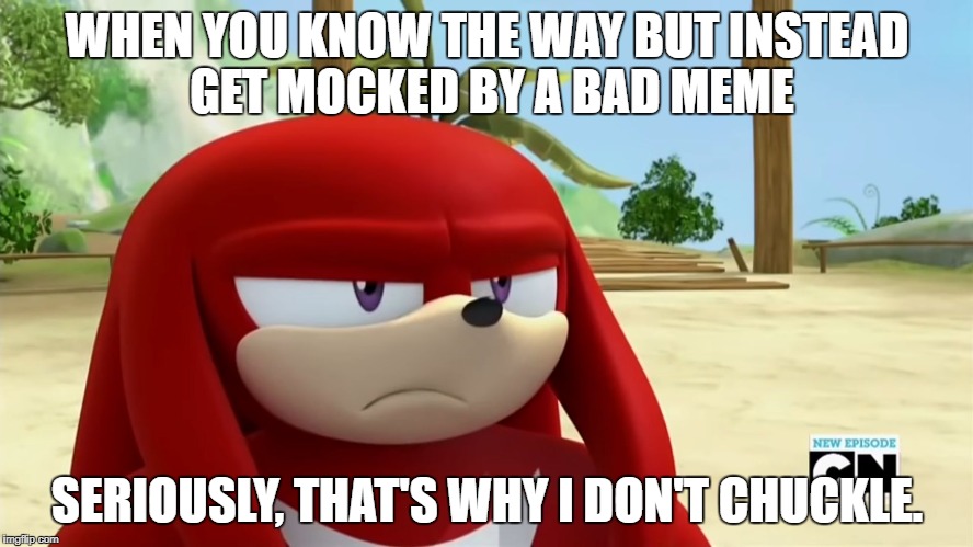 Knuckles is not Impressed - Sonic Boom | WHEN YOU KNOW THE WAY BUT INSTEAD GET MOCKED BY A BAD MEME; SERIOUSLY, THAT'S WHY I DON'T CHUCKLE. | image tagged in knuckles is not impressed - sonic boom | made w/ Imgflip meme maker
