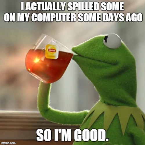 But That's None Of My Business Meme | I ACTUALLY SPILLED SOME ON MY COMPUTER SOME DAYS AGO SO I'M GOOD. | image tagged in memes,but thats none of my business,kermit the frog | made w/ Imgflip meme maker