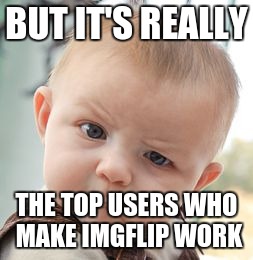 Skeptical Baby Meme | BUT IT'S REALLY THE TOP USERS WHO MAKE IMGFLIP WORK | image tagged in memes,skeptical baby | made w/ Imgflip meme maker